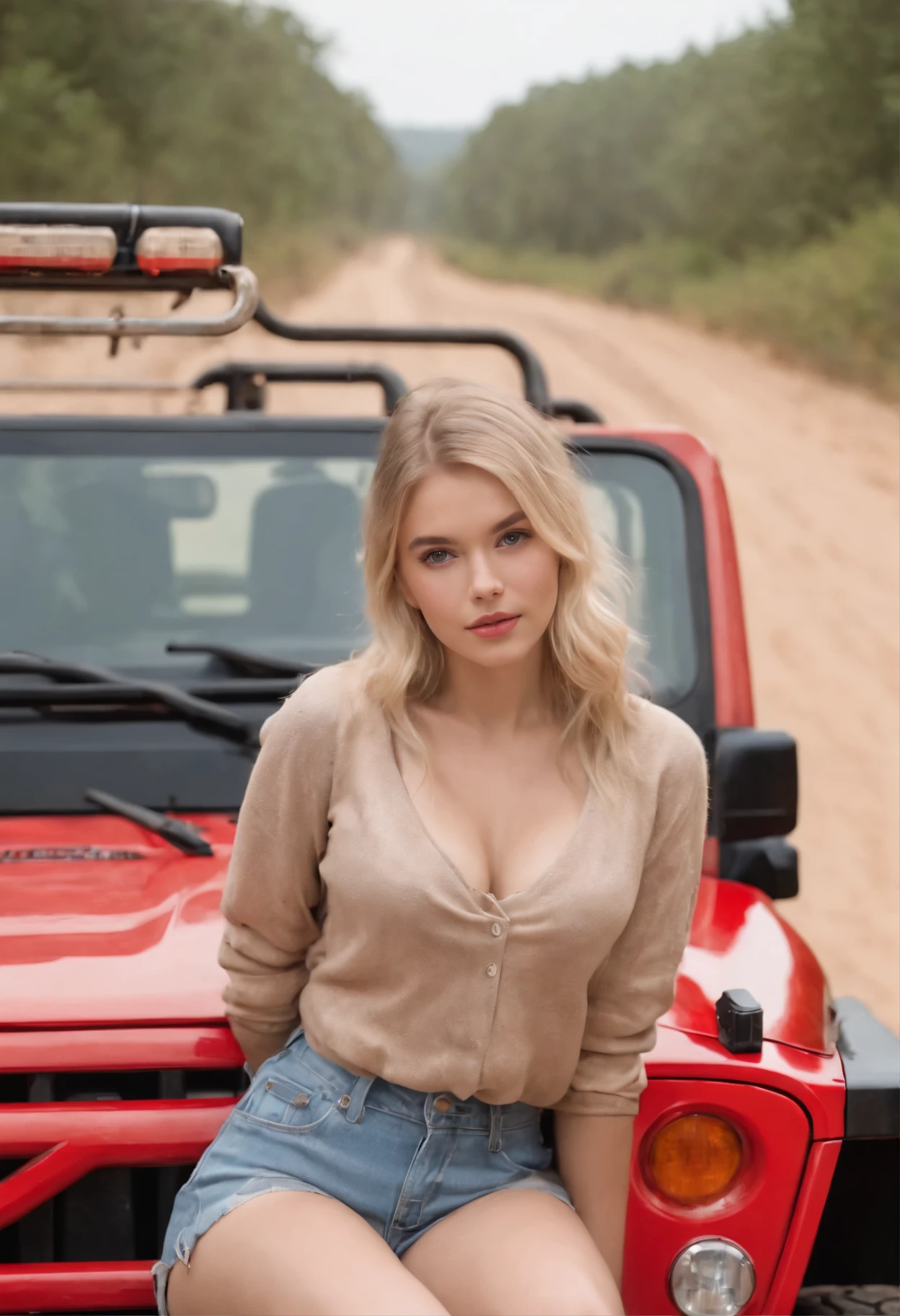 19 year old blonde girl sitting in the red bumper of a jeep , shutter stock, realism, photo shoot, Dirt roads, Photos taken, Complete panoramic plan, high angle shot, jeep in background, 車両のphoto shoot, photo ground angle, low perspective, perspective photography, marketing photo, exposed cleavage, Blonde hair color of brown man in sexy costume