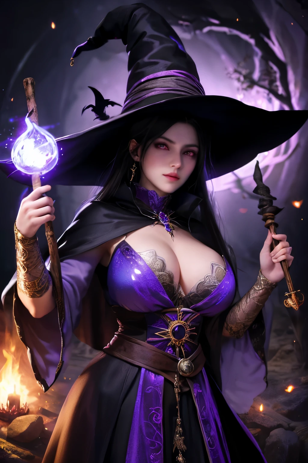 a female witch, black hair, 25 years old, bright purple eyes, big breasts, cleavage, surrounded by magic, holding a witch staff, at a dark castle