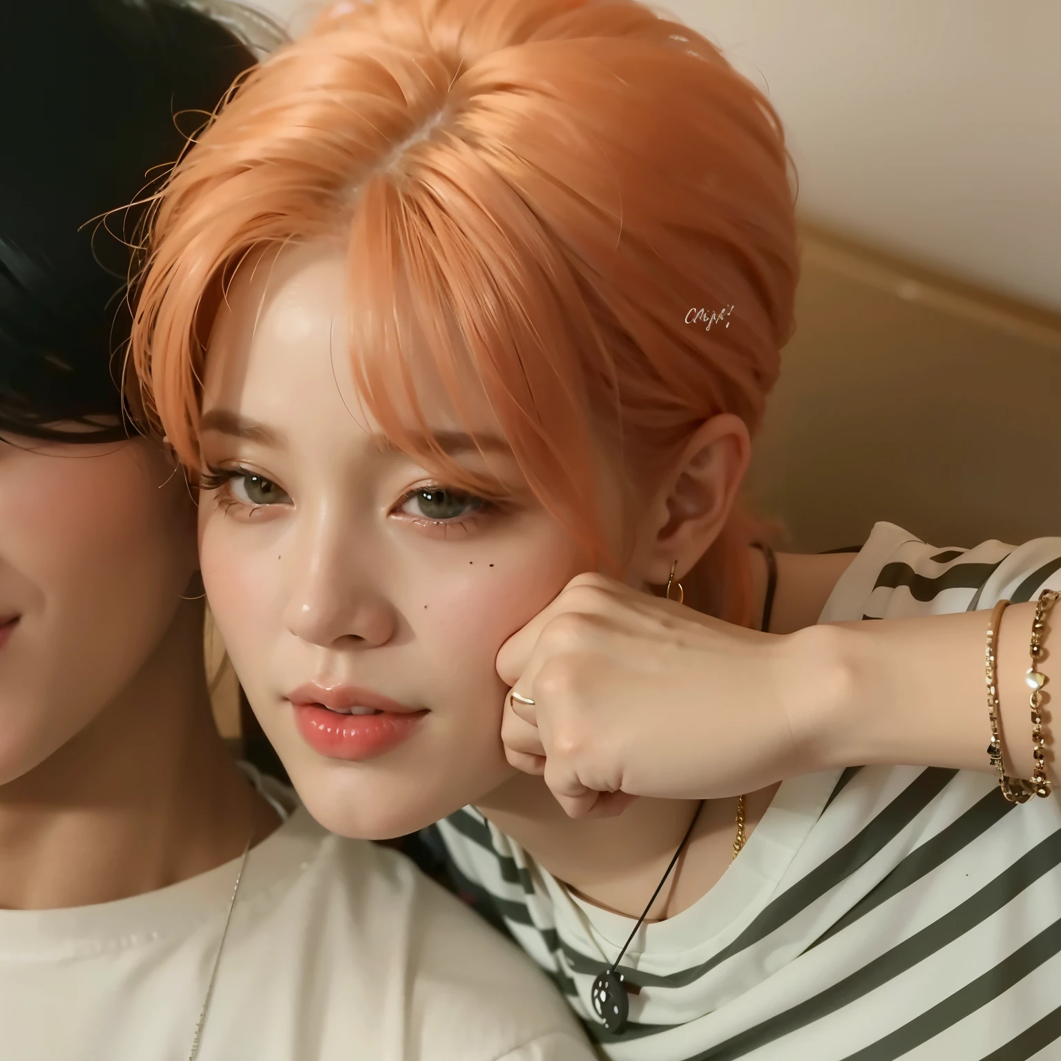 there are two young people with orange hair posing for a photo, accurate Jimin face, Jimin\the full lips, Jimin\the right eyelid is swollen, Jimin, Jimin\o nariz grego, park Jimin, a partir de 8k fosco, ar 9 cinematic shooting:16 -n 6 -g, retrato suave fotografado 8k, imagem de qualidade muito baixa