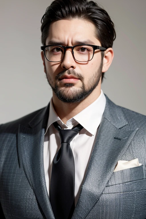 portrait,bearded man,goatee,dark hair,stylish glasses,serious expression,wearing a suit,standing in a studio,professional lighting,subtle background,neutral colors,photorealistic,ultra-detailed,masterpiece:1.2