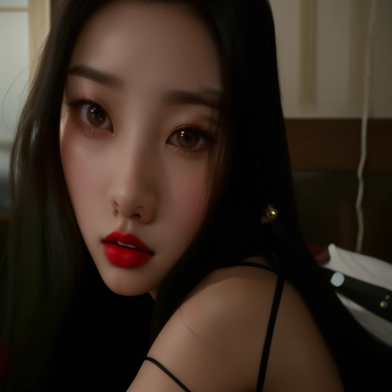 There is a woman with a black top and red lipstick, Jinyoung Shin, Heonhwa Choe, jaeyeon nam, 27 anos de idade, 28 anos de idade, coreana, imagem de perfil, ☁🌪🌙👩🏾, bae suzy, imagem de perfil, 22 anos de idade, fotografia selfie 8k, 29 anos, gongbi, itzy,chaeryeong, kpop, chae itzy