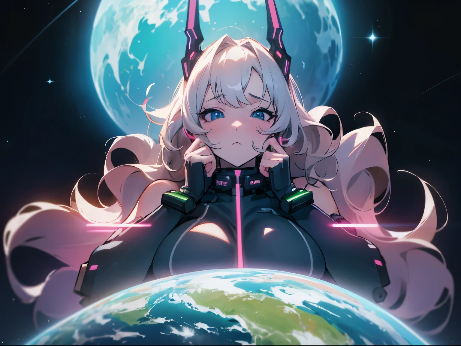 Anime giantess, giant breasts, gigantic breasts, giantess, masterpiece, best quality, flawless skin, detailed eyes, giga giantess, alien giantess, bigger than planet, , naked, no clothing, long hair, wavy hair, white hair, pure black eyes, biggest breasts, giantess growth, neon glowing fingers, wearing electronic headpiece, giga anime giantess, sensual, turned on, flushed, white skin, neon blue lights, space in background, much larger than earth, breasts larger than earth, scelera eyes, completely black eyes, neon blue pupils, futuristic, Sitting up straight, Leaning towards the viewer,
