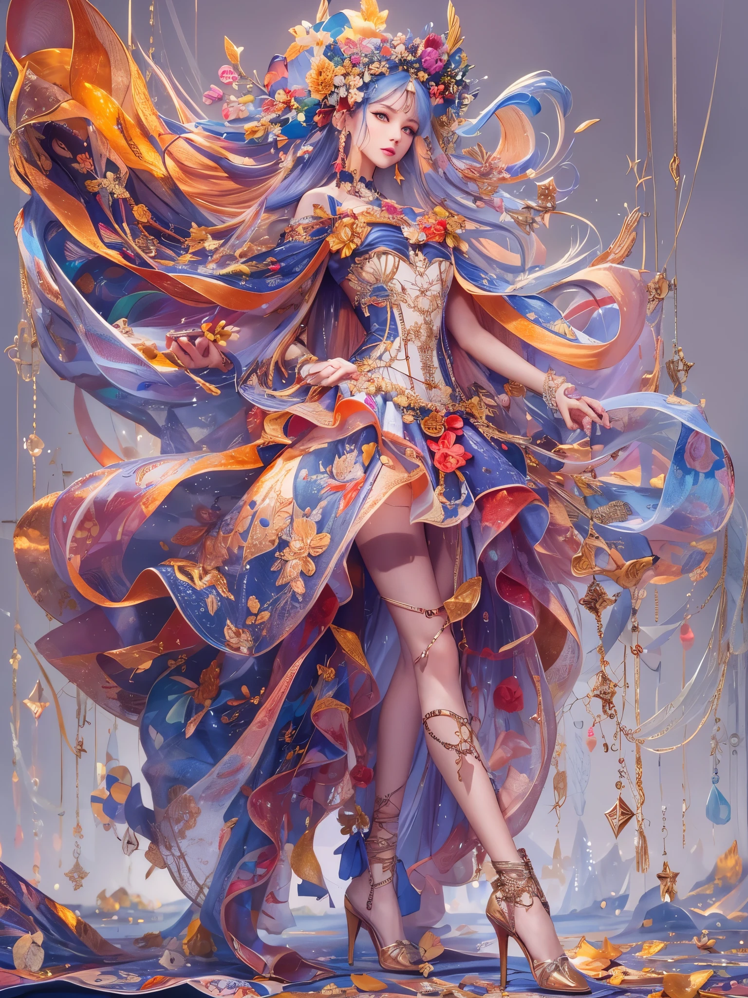 ((highest quality)),(ultra high resolution),(Super detailed),(detailed description),((best CG)),(best work of art),super precision art,great drawing art,(Art with precise details:1.5), (1 woman:1.5),colorful corset dress:1.6,beautiful and well-shaped face:1.5,detailed jewelry:1.4,thin waist:1.3,Beautiful leg lines:1.4,high heels:1.4,