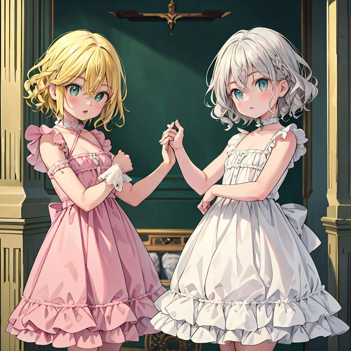 two children, one with curly silver hair and green eyes.  The other with blue eyes and blonde hair.  Both in identical dresses, one in pink and the other in white and yellow.