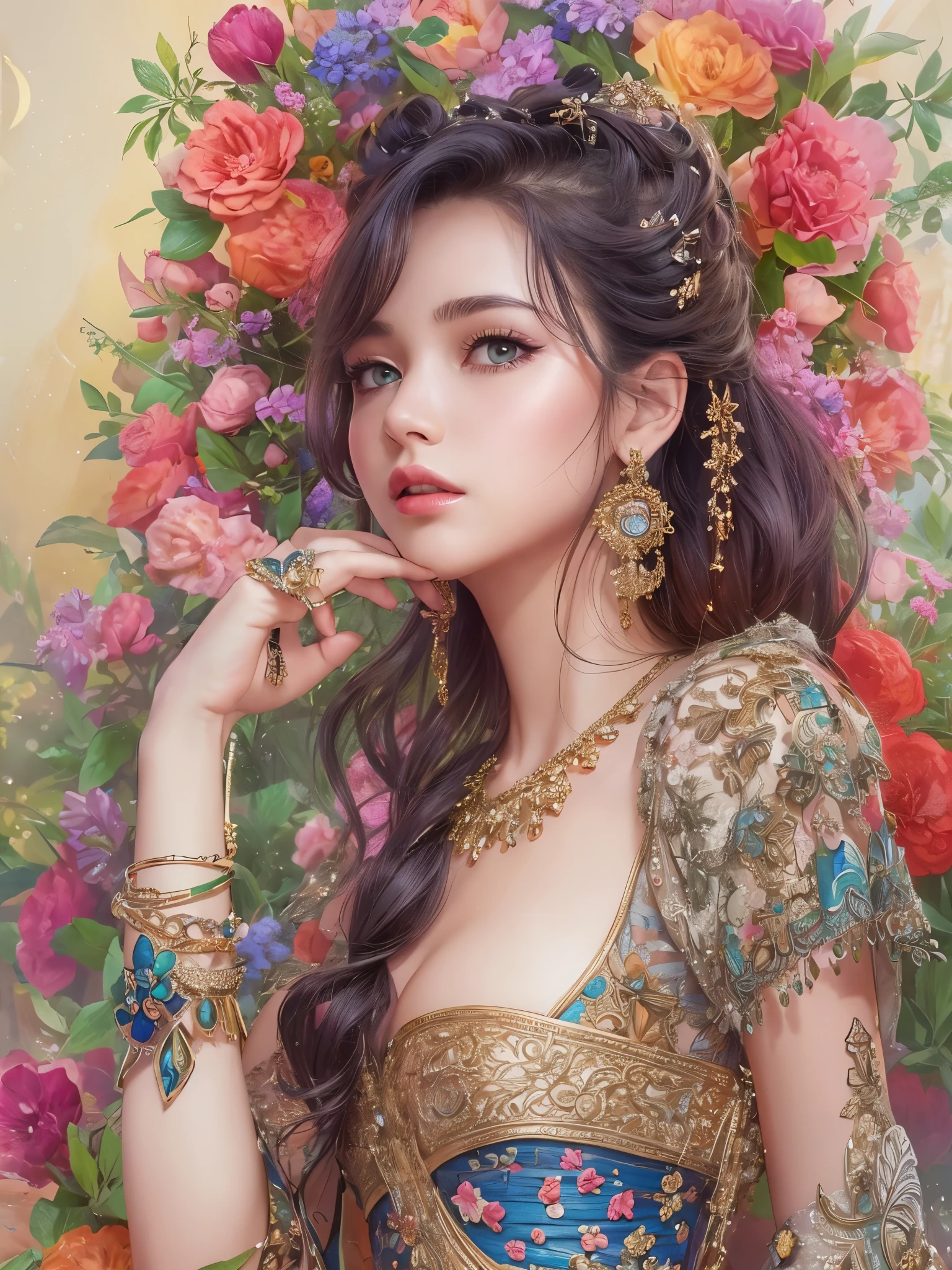 Photorealistic, High resolution, 1womanl, Solo, hips up high, look at viewr, A slight smil,(Detailed face),Japan Kimono, jewely、Gorgeous 20 year old girl、Pedras preciosas、watercolor