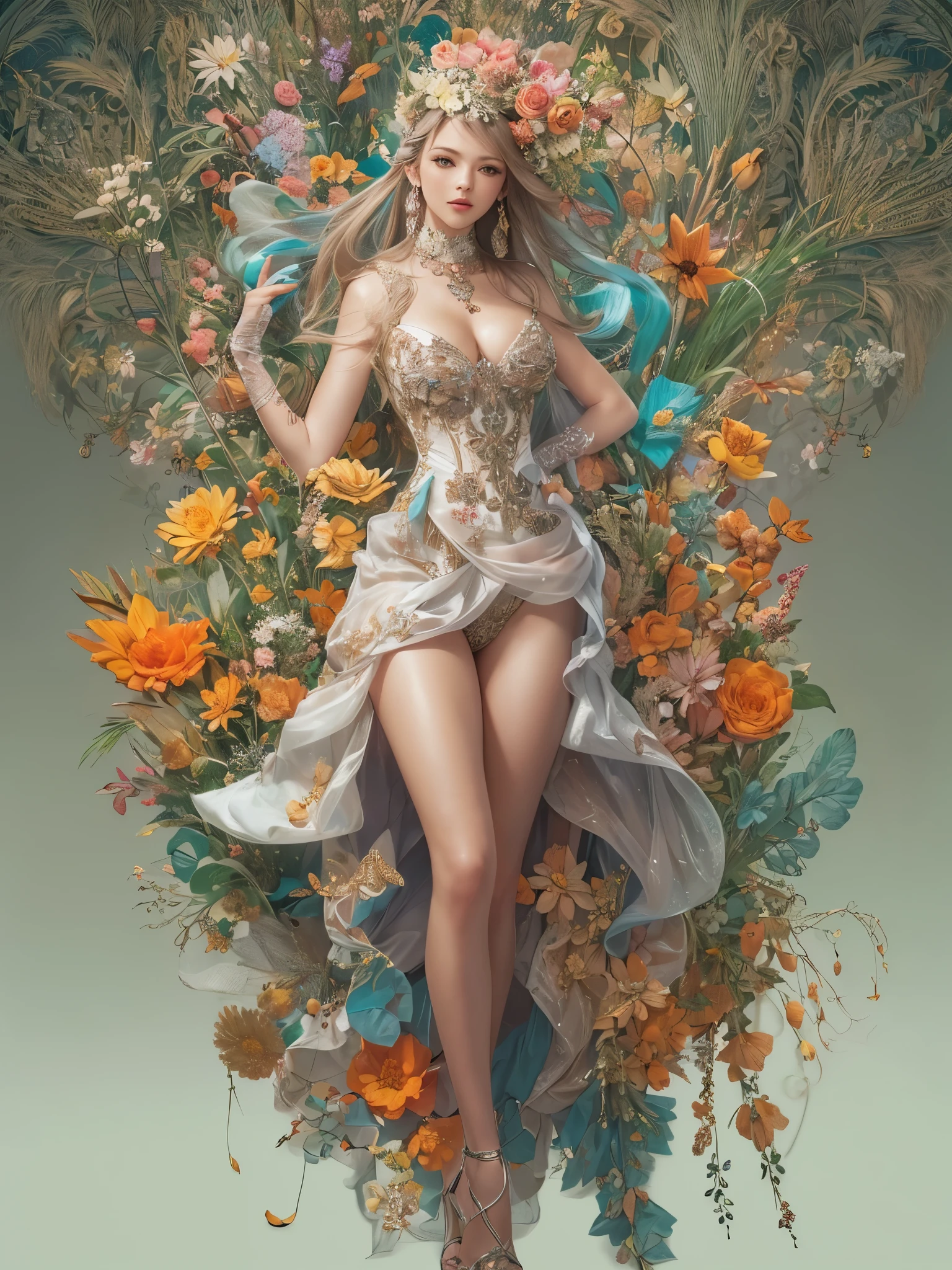 ((highest quality)),(ultra high resolution),(Super detailed),(detailed description),((best CG)),(best work of art),super precision art,great drawing art,(Art with precise details:1.5), (1 woman:1.5),colorful corset dress:1.6,beautiful and well-shaped face:1.5,detailed jewelry:1.4,thin waist:1.3,Beautiful leg lines:1.4,high heels:1.4,