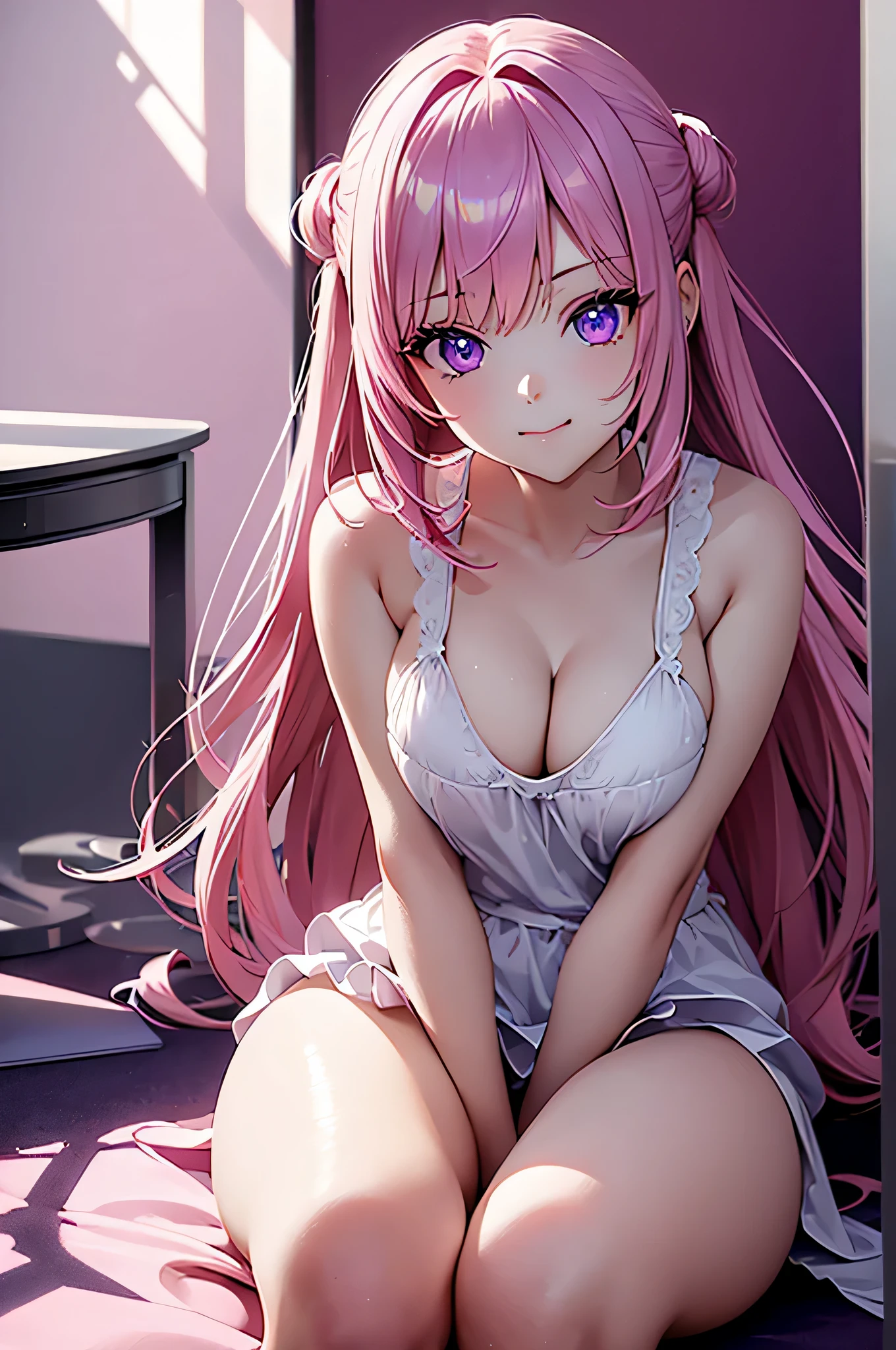 (Meisterwerk, runden_Iris, extremely crisp crystalline shiny purple Augen, perfekt_Anatomie, extremely_Fesselnd_hypnotisch_Mystiker_Augen, ) perfekt face, langes, babyrosa Haar, Smiling Evil, Gamer-Girl, Gamer-Raum, Kawaii-Zimmer, pink walls, wearing a pink dress, auf einem Schreibtisch sitzen, best quality