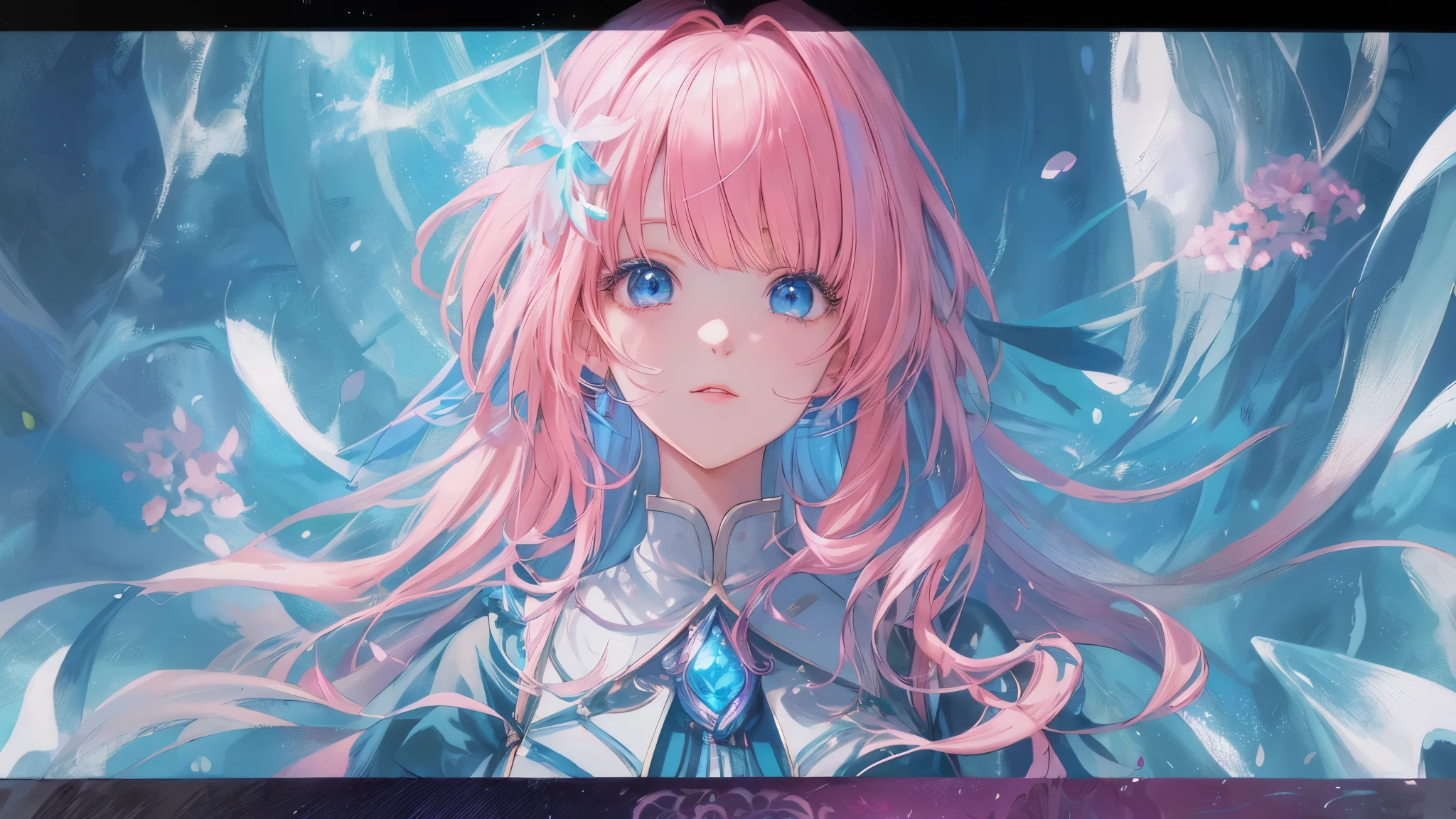 Chica anime con cabello rosado y ojos azules con un vestido azul., retrato, caballeros del zodiaco, , detailed arte animado digital, hermoso retrato animado, anime girl with cosmic hair, Cabello rosado y ojos cian., estilo anime 4k, arte animado digital, anime fantasy illustrations, anime fantasy illustration., anime in fantasy style, retrato chica anime, arte detallado del personaje de anime