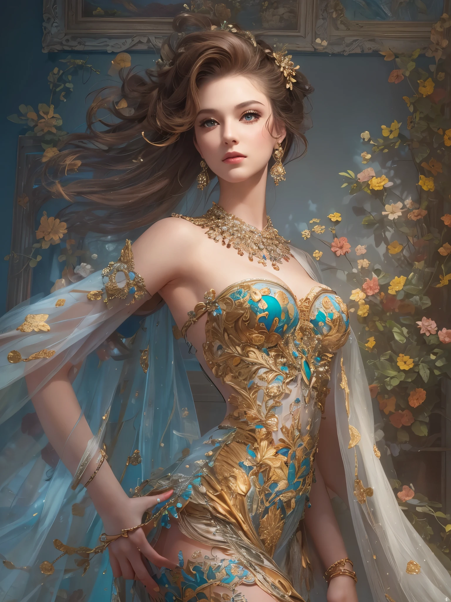((highest quality)),(ultra high resolution),(Super detailed),(detailed description),((best CG)),(best work of art),super precision art,great drawing art,(Art with precise details:1.5), (1 woman:1.5),colorful corset dress:1.6,beautiful and well-shaped face:1.5,natural makeup:1.5,detailed jewelry:1.4,thin waist:1.3,Beautiful leg lines:1.4,high heels:1.4,