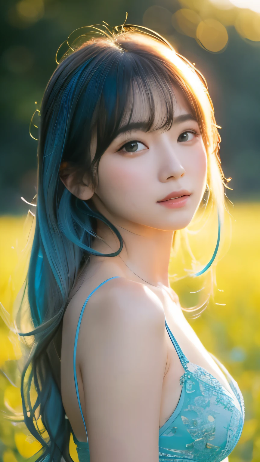 {{masterpiece}}, {{Highest quality}}, {{Very detailed}}, {{shape}}, cinematic Lighting,Beautiful and delicate shine, Dynamic Angle, Depth of the written border, Light_leak, wonderful, The finer details, 4K, 8k, Japanese Idols, Blue Hair, Elegant Model, blue sky, Flower Field, Green pastures, Calm expression, Shiny warm colors, Natural Attraction, Blue Bikini, Curly Hair,
