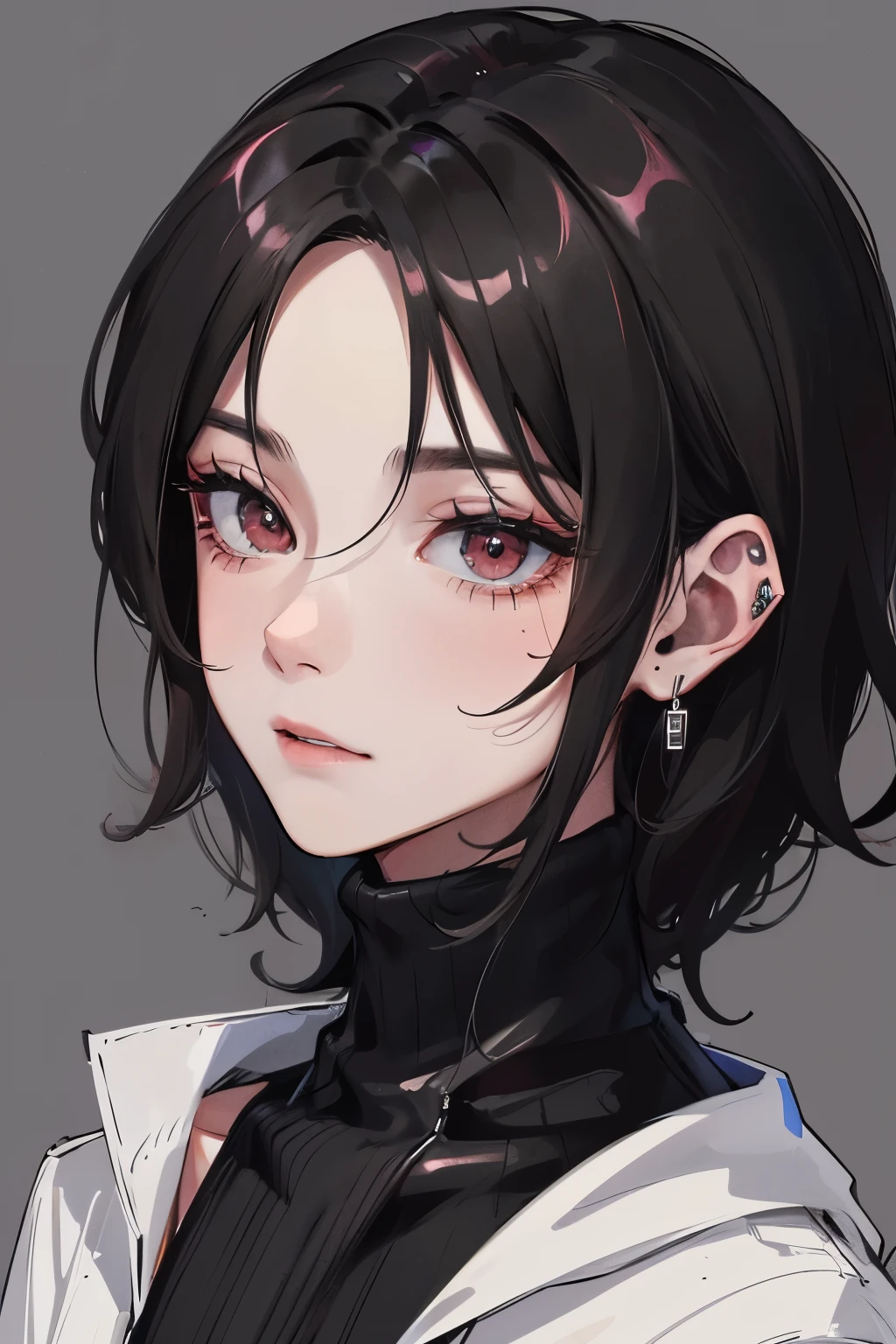 1boy, (darkness), black sweater, ((cold face)) closeup, black hair, maroon dead eyes, (perfect face 1.1), earings, dark circles under eyes