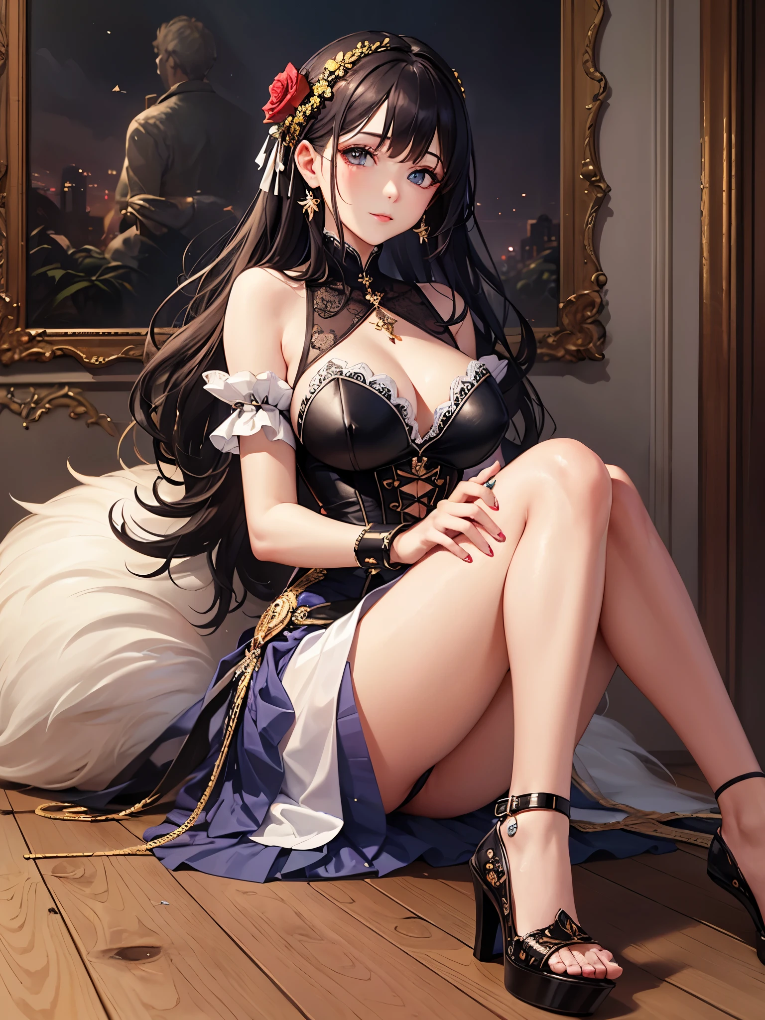 ((highest quality)),(ultra high resolution),(Super detailed),(detailed description),((best CG)),(best work of art),super precision art,great drawing art,(Art with precise details:1.5), (1 woman:1.5),colorful corset dress:1.6,beautiful and well-shaped face:1.5,natural makeup:1.5,detailed jewelry:1.4,thin waist:1.3,Beautiful leg lines:1.4,high heels:1.4,