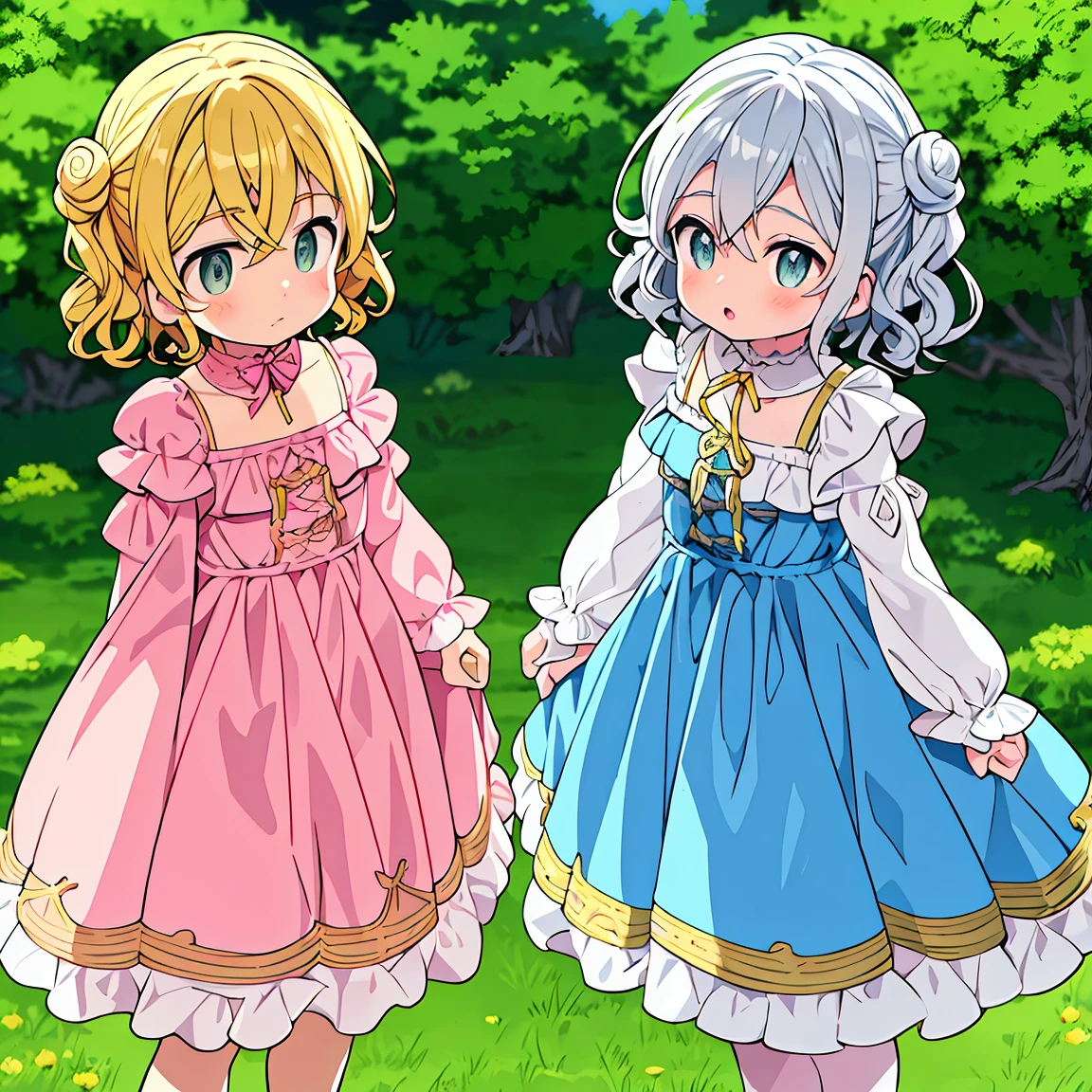 two children, one with curly silver hair and green eyes. The other with blue eyes and blonde hair. Both in identical dresses, one in pink and the other in white and yellow.