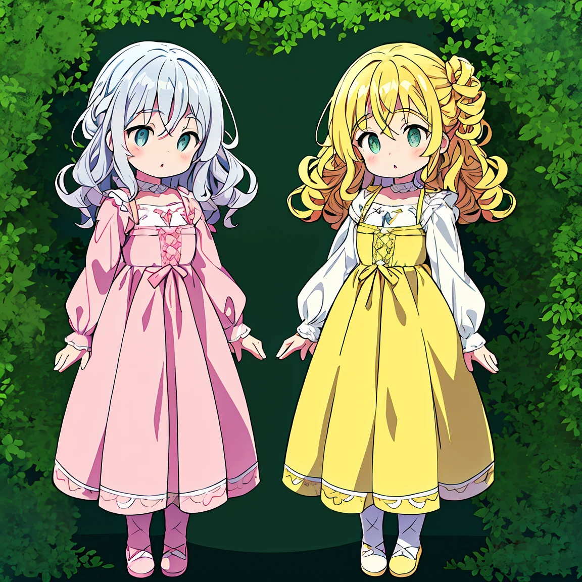 two children, one with curly silver hair and green eyes.  The other with blue eyes and blonde hair.  Both in identical dresses, one in pink and the other in white and yellow.