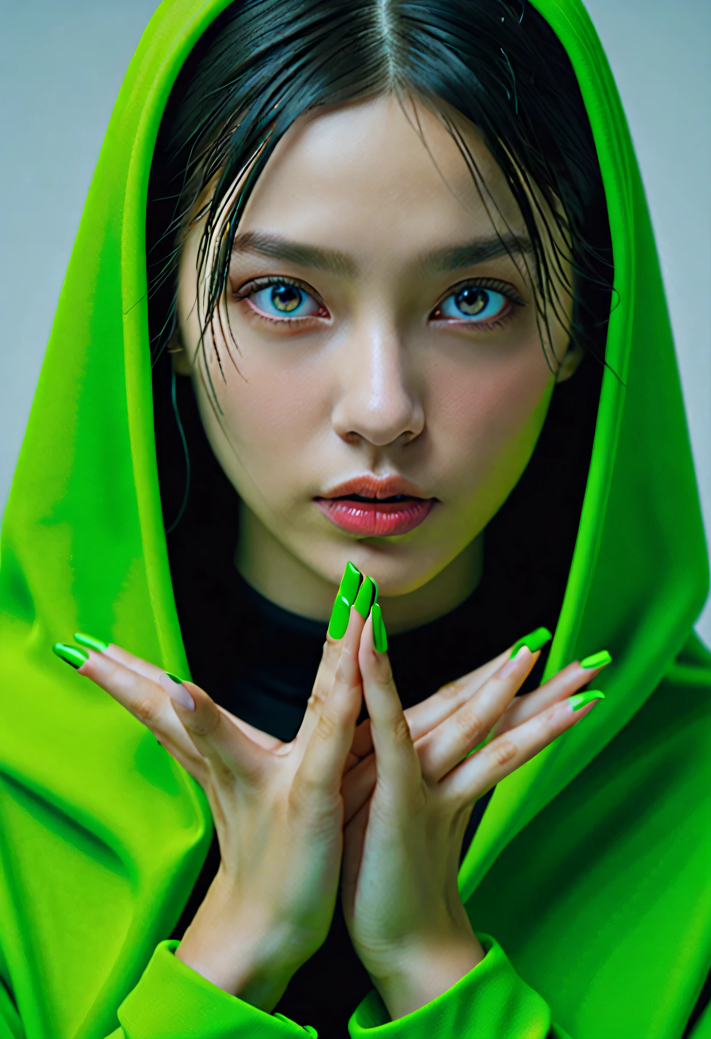 Best quality, masterpiece, ultra high res, photorealistic, 1girl, solo, upper body, hand raised to lip,looking at viewer, studio light, realistic, photorealistic, croptop, Fluorescent Green, a secret society of powerful witches,hands