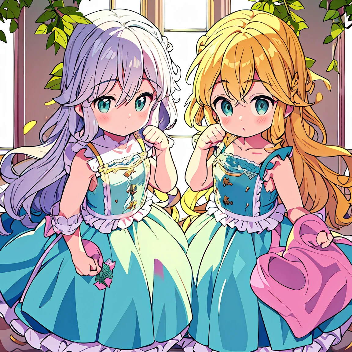 two children, one with curly silver hair and green eyes.  The other with blue eyes and blonde hair.  Both in identical princess dresses, one in pink and the other in white and yellow.