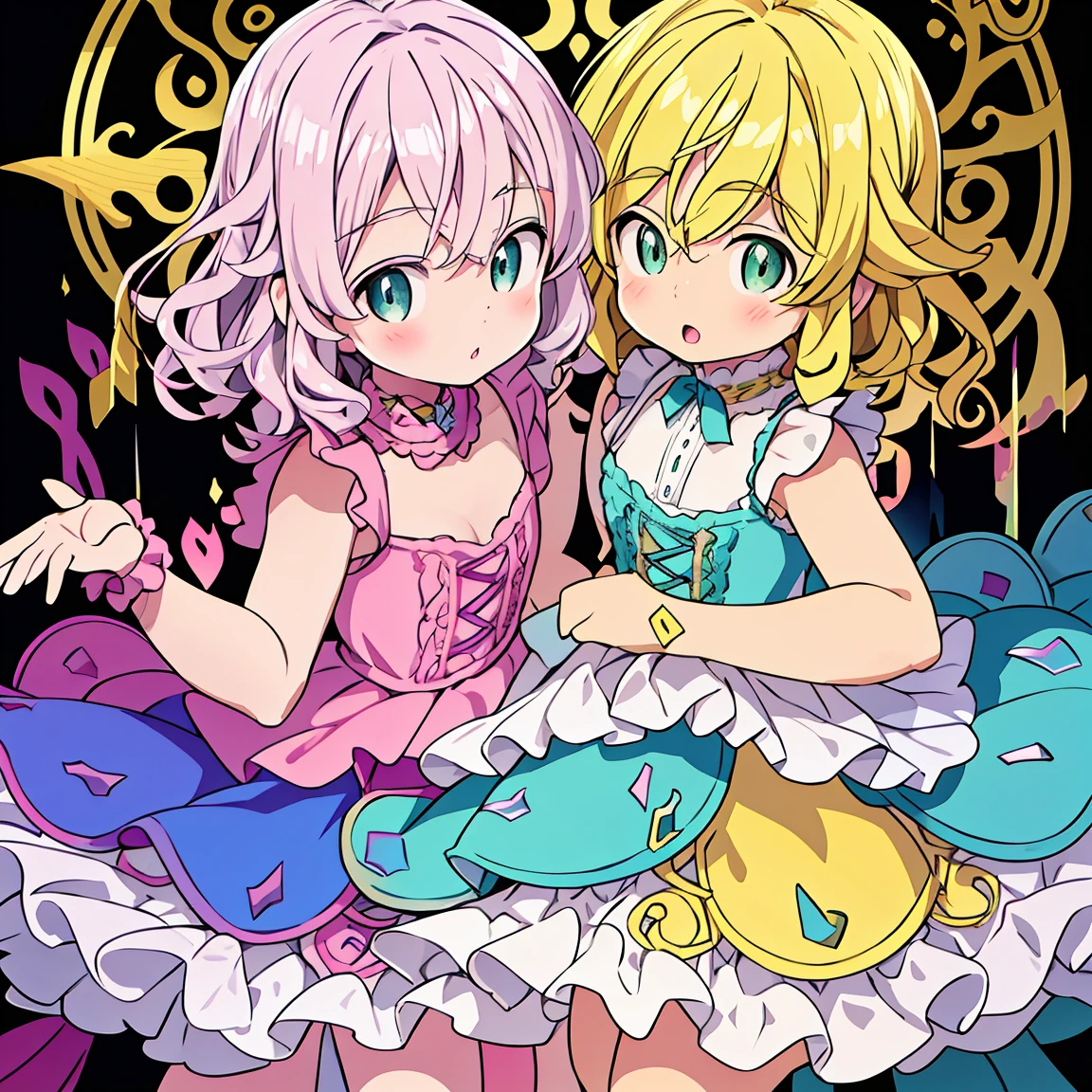 two children, one with curly silver hair and green eyes. The other with blue eyes and blonde hair. Both in identical princess dresses, one in pink and the other in white and yellow.