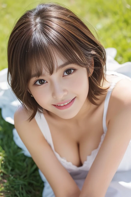 (highest quality,8K quality,masterpiece:1.3,),(Super high resolution:1.3,Photoreal:1.4,Raw photo:1.2),(super detailed:1.2,shiny skin,fine skin:1.1),(detailed face,perfect anatomy,caustics:1.2),(naked),on the lawn,sleep on your back,overhead view,,1 girl,cute,Japanese,22 years old,japanese id,natural brown hair,Curl short hair outward,cute目,natural makeup,laughter,look at the camera,up on the face,face focus,professional lighting,natural soft light,