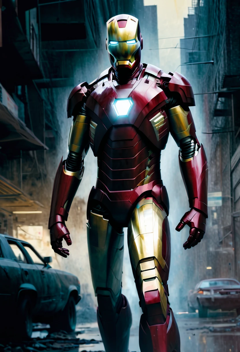 Iron Man. Jeremy Mann and Charles Danny Gibson, Mark Demsteder, Paula Hedley + art concept. Very beautiful, gouache, cinematic, dark, creepy, mysterious, modern vintage,