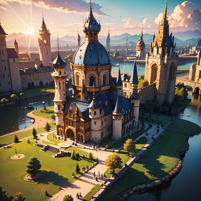 ((masterpiece, highest quality, hires, amazing detail, ultra detailed 1.1)), illustration, trending on artstation, panorama of fantasy city, dense megalopolis, incredibly tall spires, unique buildings, concept art, studio ghibli, lens flare, beautifully rendered, sunset skyline