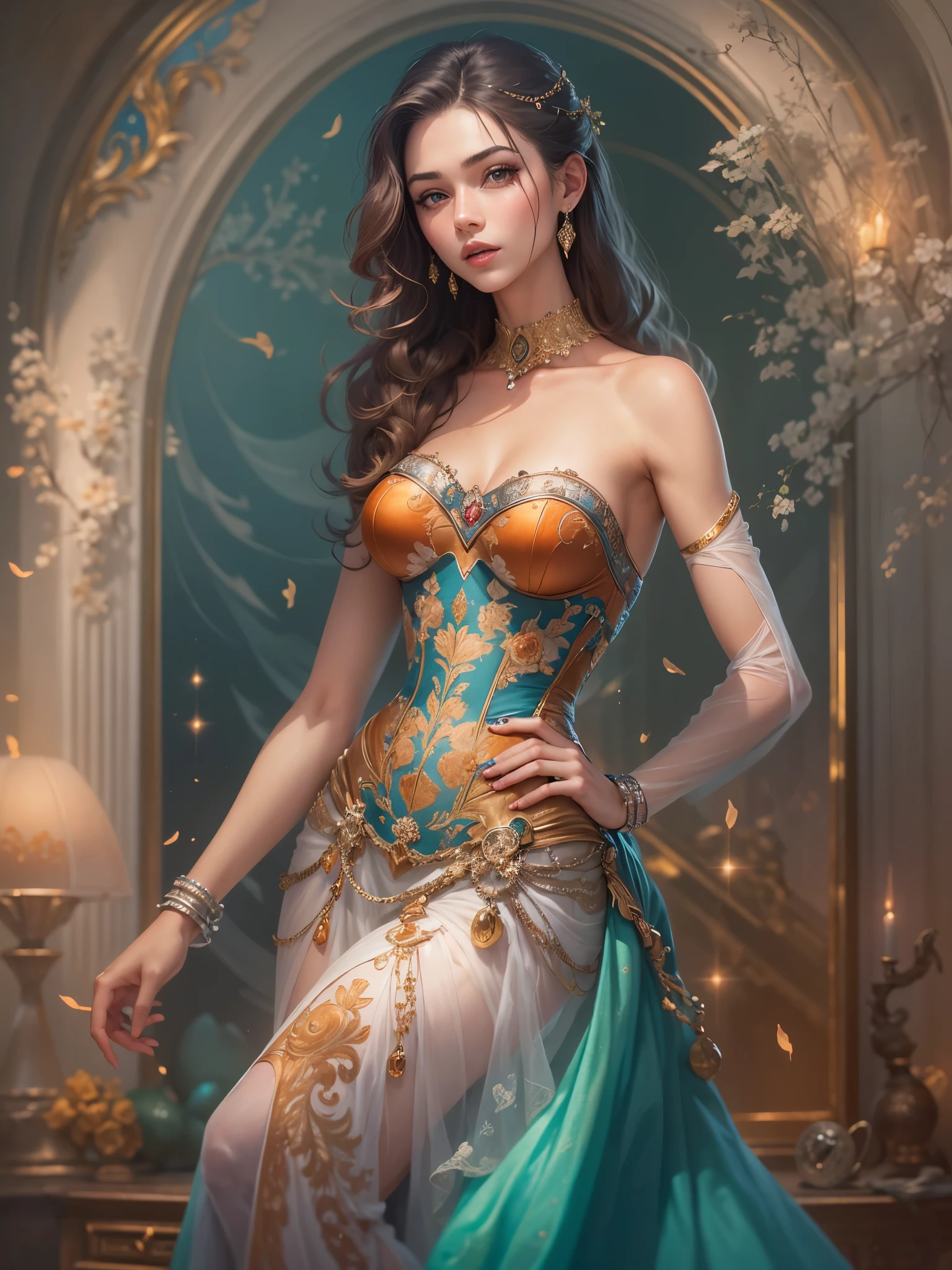 ((highest quality)),(ultra high resolution),(Super detailed),(detailed description),((best CG)),(best work of art),super precision art,great drawing art,(Art with precise details:1.5), (1 woman:1.5),colorful corset dress:1.6,beautiful and well-shaped face:1.5,natural makeup:1.5,detailed jewelry:1.4,thin waist:1.3,Beautiful leg lines:1.4,high heels:1.4,