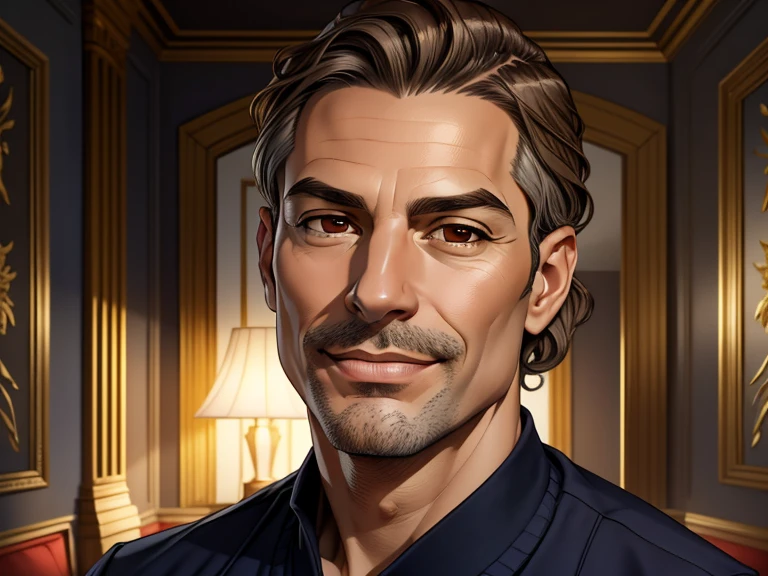 masterpiece, best quality, realistic, 1man, slim male, quiet and charming man, 49 year old, a smirk, closed mouth, gold skin, portrait, extremely detailed face, cold and smirk, ((brown eyes)), ((short wavy gray hair)), [very thick eyebrows], dark palace, ((navy)), dim light, casual Outfit, living room background