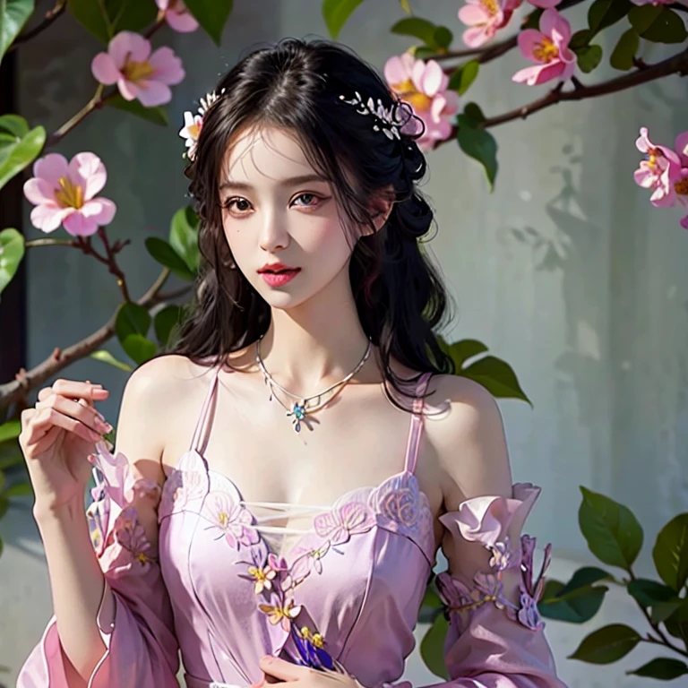 (best quality), ((masterpiece)), (highres), illustration, original, extremely detailed,licg,1girl, hair ornament, solo, flower, hair flower, jewelry, necklace, long hair, white hair, upper body, parted lips, own hands together, dress, looking at viewer, bangs, purple eyes, braid, pink flower, realistic, long sleeves, white dress, pink eyes, lips, collarbone