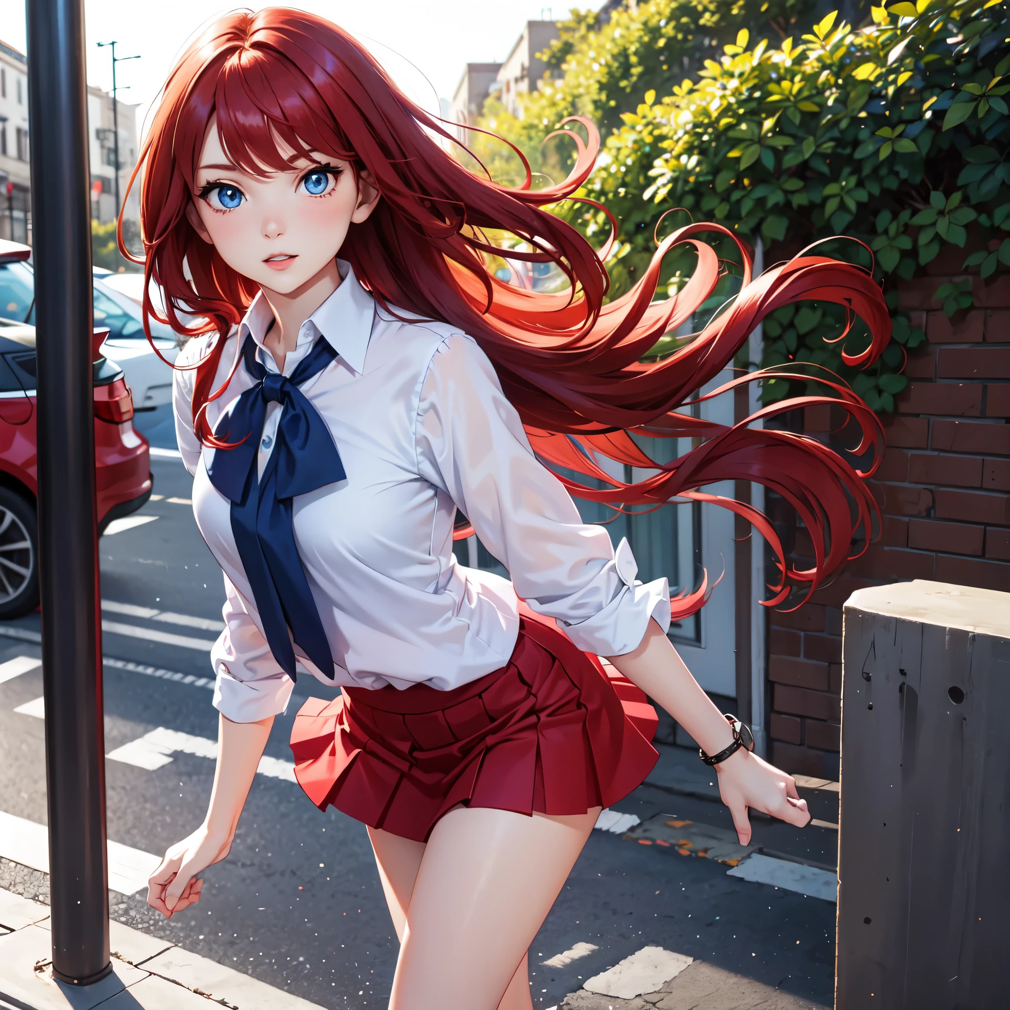 a blue-eyed red-haired girl wearing a feminine blouse and a short skirt