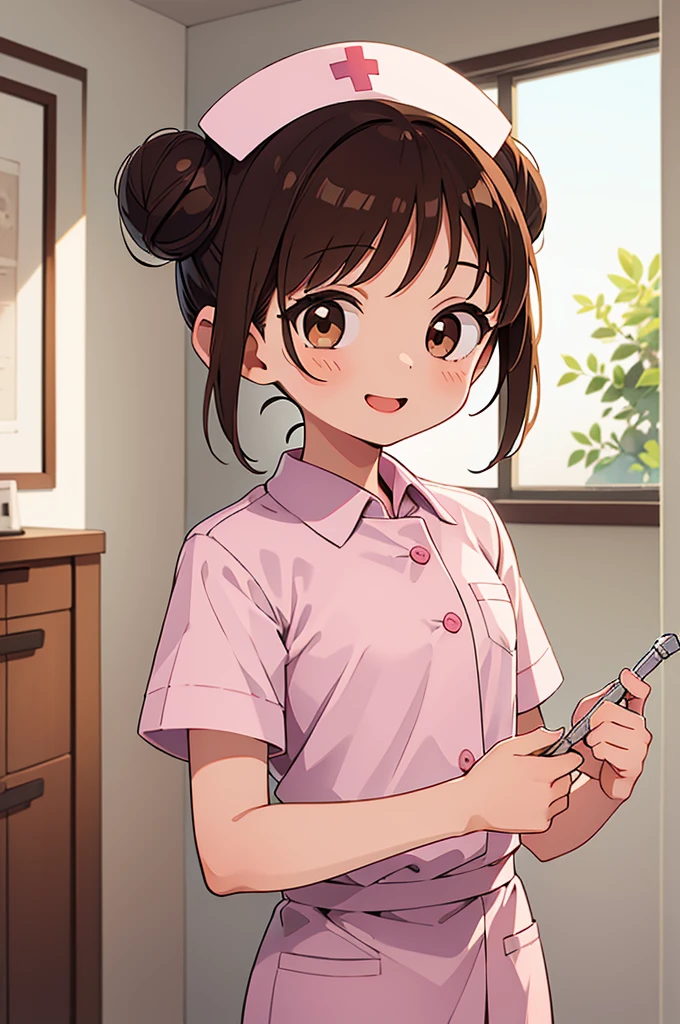 (best quality,ultrares,masterpiece:1.2) 1 asian girl, , very young, very happy, nurse, nurse uniform, working in hospital, brown eyes, brown hair in low bun