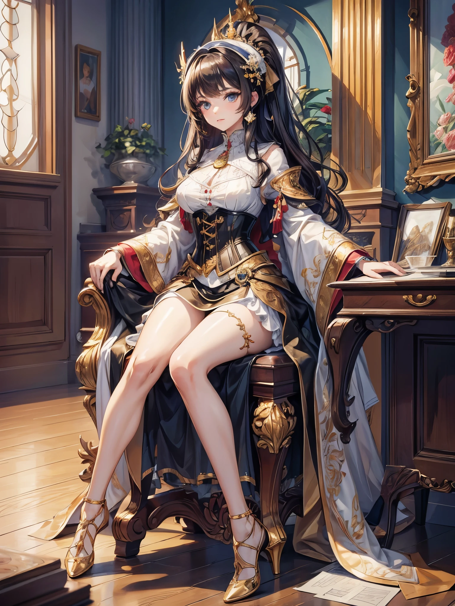 1girl, beautiful detailed eyes, beautiful detailed lips, extremely detailed eyes and face, long eyelashes, young royal girl, red eyes, long brown hair, sitting on sofa, facing front, stoic expression, confident and elegant, photorealistic, high quality, detailed, studio lighting, ultra-detailed, masterpiece, 8k, vibrant colors, dramatic lighting, cinematic