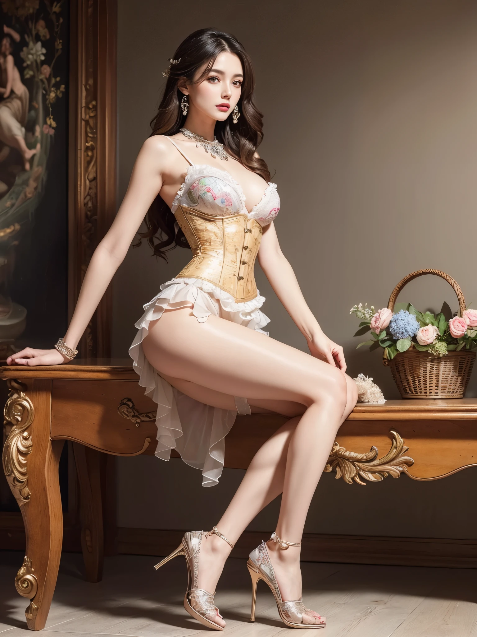 ((highest quality)),(ultra high resolution),(Super detailed),(detailed description),((best CG)),(best work of art),super precision art,great drawing art,(Art with precise details:1.5), (1 woman:1.5),colorful corset dress:1.6,beautiful and well-shaped face:1.5,natural makeup:1.5,detailed jewelry:1.4,thin waist:1.3,Beautiful leg lines:1.4,high heels:1.4,