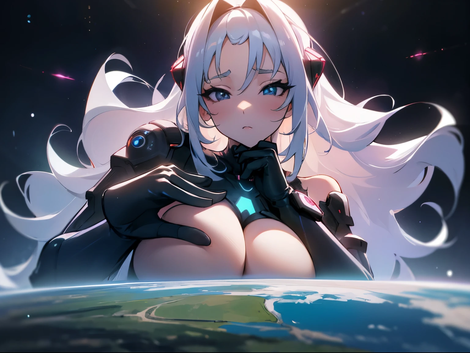 2 Anime giantess, giant breasts, gigantic breasts, giantess, masterpiece, best quality, flawless skin, detailed eyes, giga giantess, alien giantess, bigger than planet, , naked, no clothing, long hair, wavy hair, white hair, pure black eyes, biggest breasts, giantess growth, neon glowing fingers, wearing electronic headpiece, giga anime giantess, sensual, turned on, flushed, white skin, neon blue lights, space in background, much larger than earth, breasts larger than earth, scelera eyes, completely black eyes, neon blue pupils, futuristic, Sitting up straight, Leaning towards the viewer,