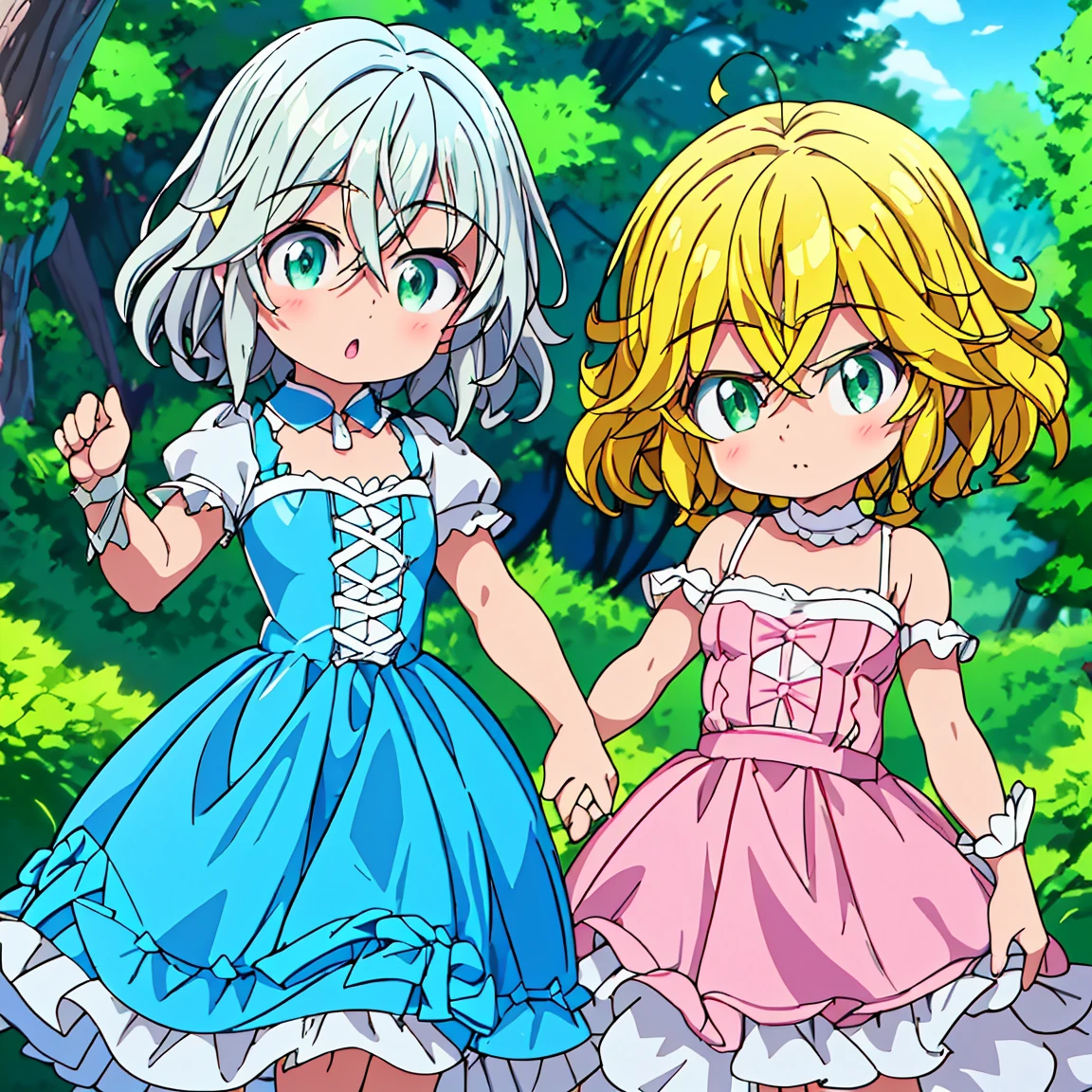 two children, one with curly silver hair and green eyes.  The other with blue eyes and blonde hair.  Both in identical princess dresses, one in pink and the other in white and yellow.