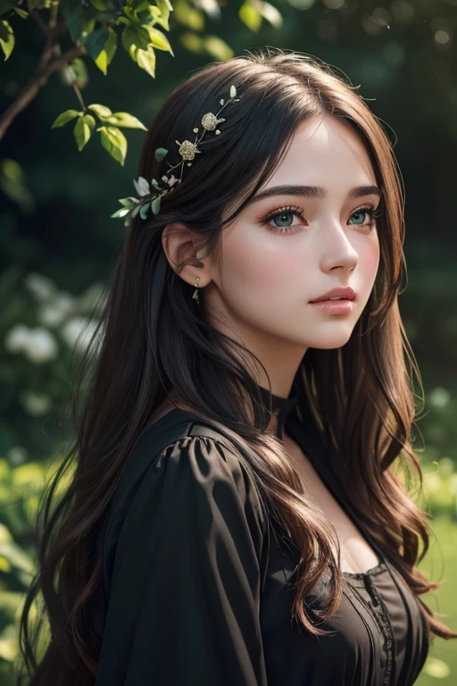 best quality,highres,ultra-detailed,(realistic:1.37),(portrait:1.1),(photography:1.1),vivid colors,soft lighting,beautiful detailed eyes,beautiful detailed lips,(long hair:1.1),(natural beauty:1.1),graceful pose,(black dress:1.1),rosy cheeks,lush green garden background,subtle bokeh,serene ambiance