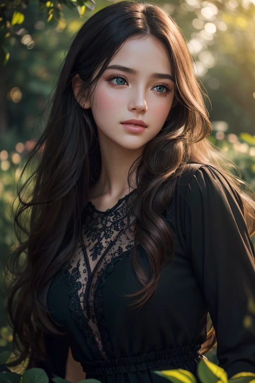 best quality,highres,ultra-detailed,(realistic:1.37),(portrait:1.1),(photography:1.1),vivid colors,soft lighting,beautiful detailed eyes,beautiful detailed lips,(long hair:1.1),(natural beauty:1.1),graceful pose,(black dress:1.1),rosy cheeks,lush green garden background,subtle bokeh,serene ambiance