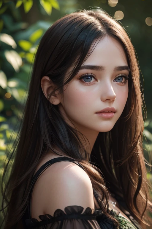 best quality,highres,ultra-detailed,(realistic:1.37),(portrait:1.1),(photography:1.1),vivid colors,soft lighting,beautiful detailed eyes,beautiful detailed lips,(long hair:1.1),(natural beauty:1.1),graceful pose,(black dress:1.1),rosy cheeks,lush green garden background,subtle bokeh,serene ambiance