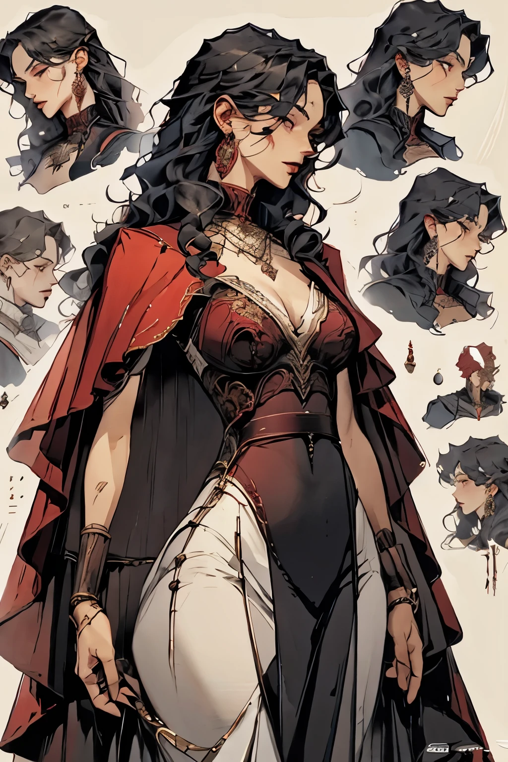 a woman in a red and black dress with a red cape, a character portrait by senior character artist, trending on cg society, fantasy art, high quality character design, ( ( character concept art ) ), detailed character design, detailed character art, highly detailed character design, official character art, detailed anime character art, video game character design, full body character design