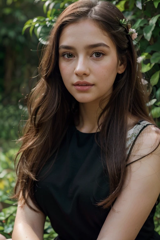 best quality,highres,ultra-detailed,(realistic:1.37),(portrait:1.1),(photography:1.1),vivid colors,soft lighting,beautiful detailed eyes,beautiful detailed lips,(long hair:1.1),(natural beauty:1.1),graceful pose,(black dress:1.1),rosy cheeks,lush green garden background,subtle bokeh,serene ambiance