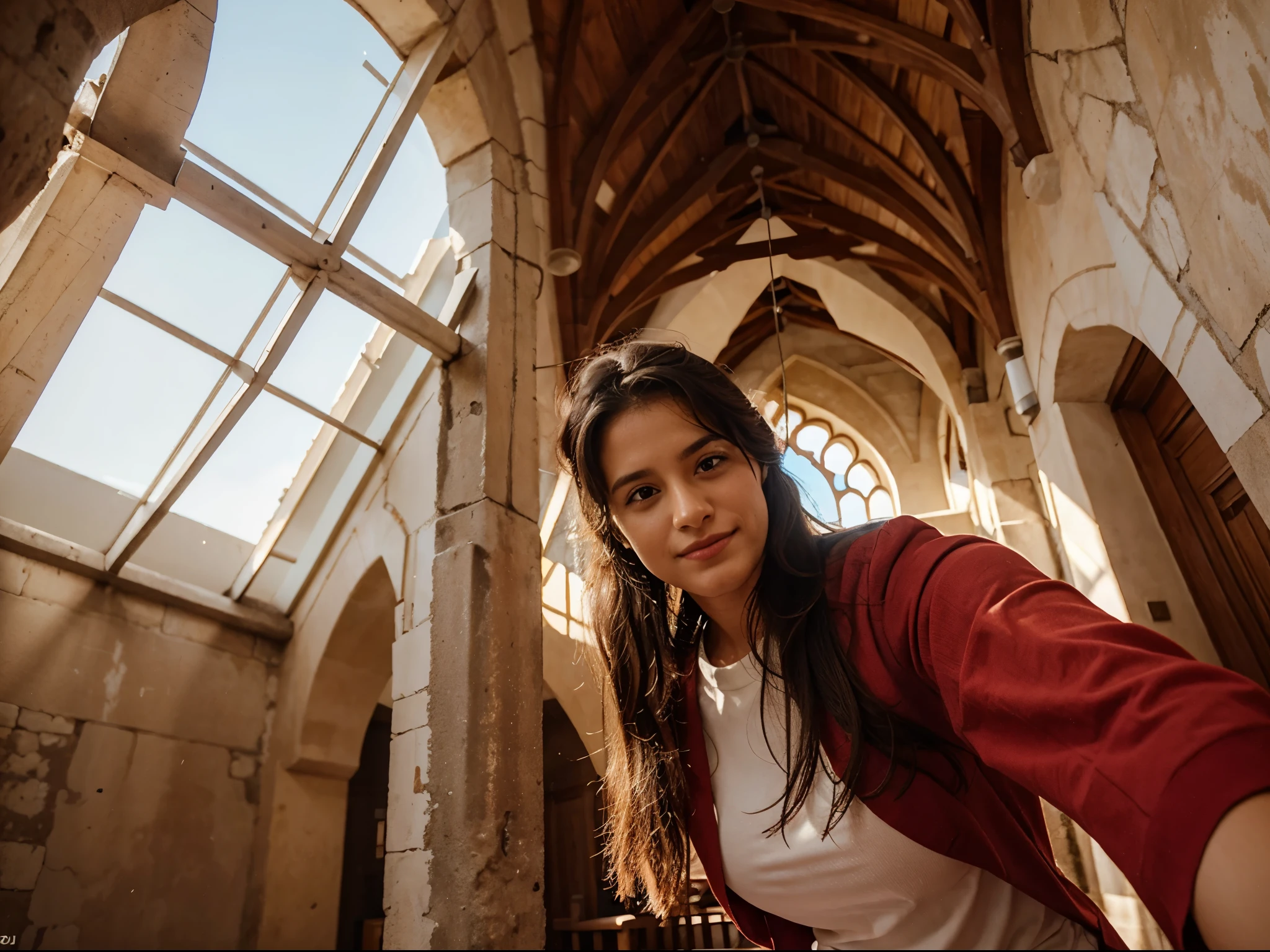 Uma mulher tirando uma selfie em uma igreja