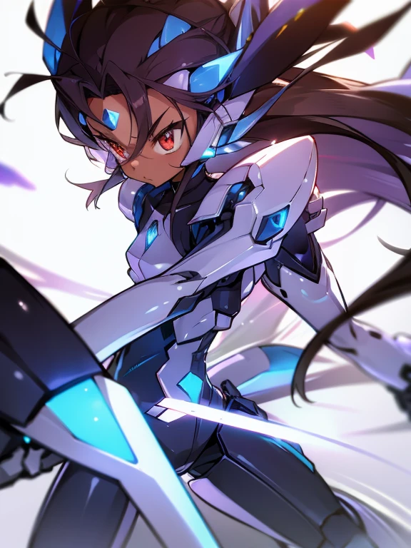 Masterpiece, best quality, highres, amazing quality, tenchi muyo, flat chested, (male), (8 year old boy), (shota), (Dark skin), cute, red eyes, very long dark brown hair, blue gem on forehead, white mecha musume armour, white exosuit armour, black powersuit, white mecha armour legging,