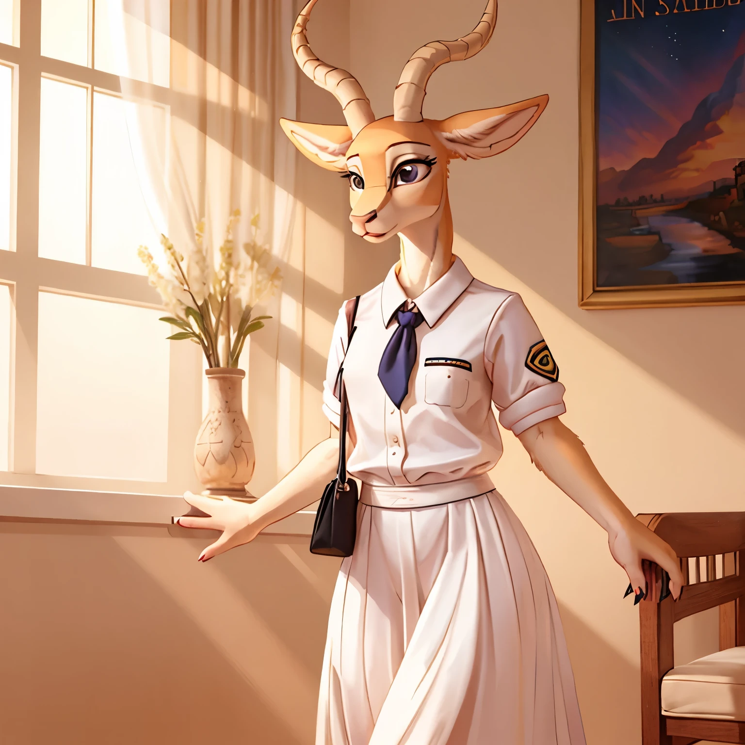 The female white gazelle in the Beastars universe emanates a serene and ethereal beauty. With a slender frame and pristine white fur, she exudes grace and purity. Wearing the Cherryton Academy girl's uniform, she combines sophistication with a gentle and kind vibe. Her movements are fluid and graceful, leaving a lasting impression of her tranquil and compassionate presence in the academy.