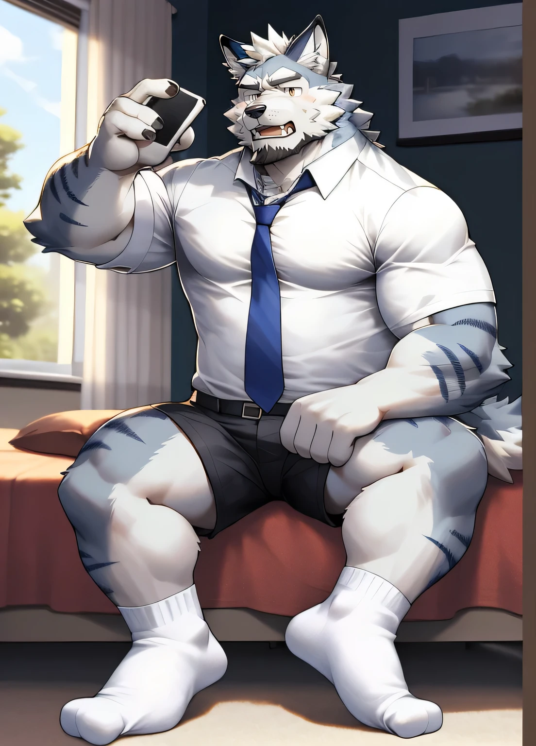 （masterpiece），（Very detailed），（best quality），alone，hairy，Wolf，gray fur，white hair，black beard，muscular，strong body，（blue collar 1.3），naked，Kneel down and sit on the ground，room background，8k，（（high quality））