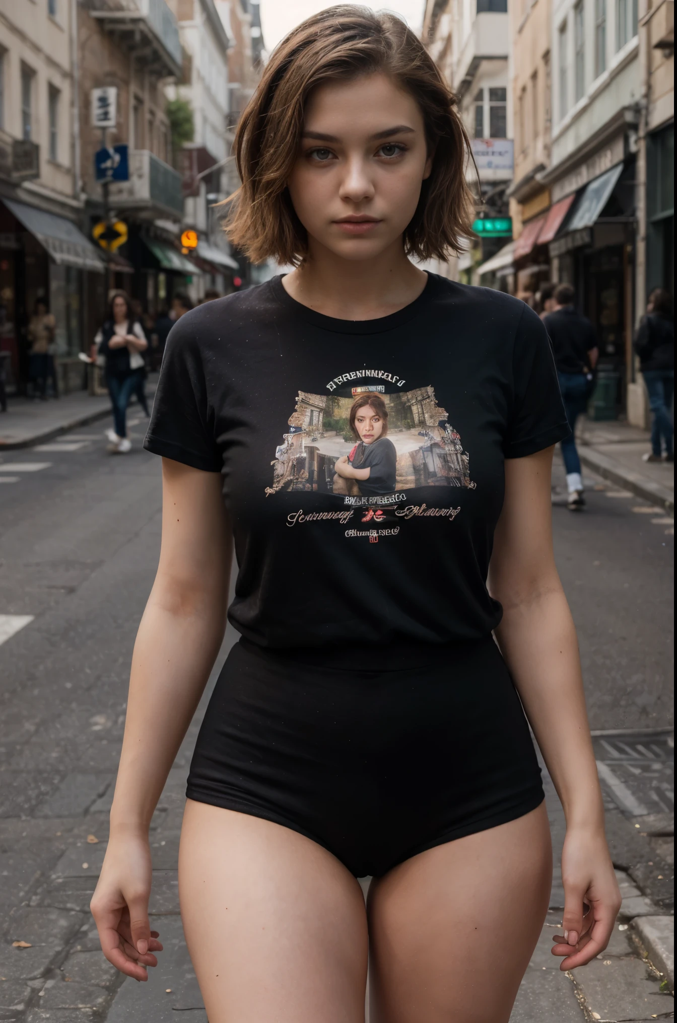 (masterpiece), (realistic: 1.3), finely detailed, fine, Rembrandt lighting, (masterpiece: 1.2), (photorealistic: 1.2), (best quality), (detailed skin: 1.3), (intricate details), dramatic, ray tracing, pretty girl, European appearance, 18 years old, cute oval face, short red hair, green eyes, pale skin, pores on the skin, moles, thin, huge tits, wide hips, in a tight T-shirt, takes off short shorts, exposing her naked pussy, on street, 8k uhd, dslr, soft-lighting, hiquality, film grains, Fujifilm XT3