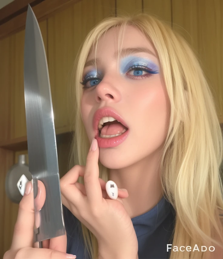 blond woman with blue eyes and makeup sosteniendo un cuchillo in her hand, cuchillo de sostenimiento, sosteniendo un cuchillo, inspirado por Cindy Sherman, Steven Klein, cara como ester exposito, inspirado en David LaChapelle, wielding a knife, cara de ahegao, Suze Randall, arca album cover, sosteniendo un cuchillo de cocina, ahegao, cuchillo de pintura, Poker face,dientes lindos , lengua rosa. 