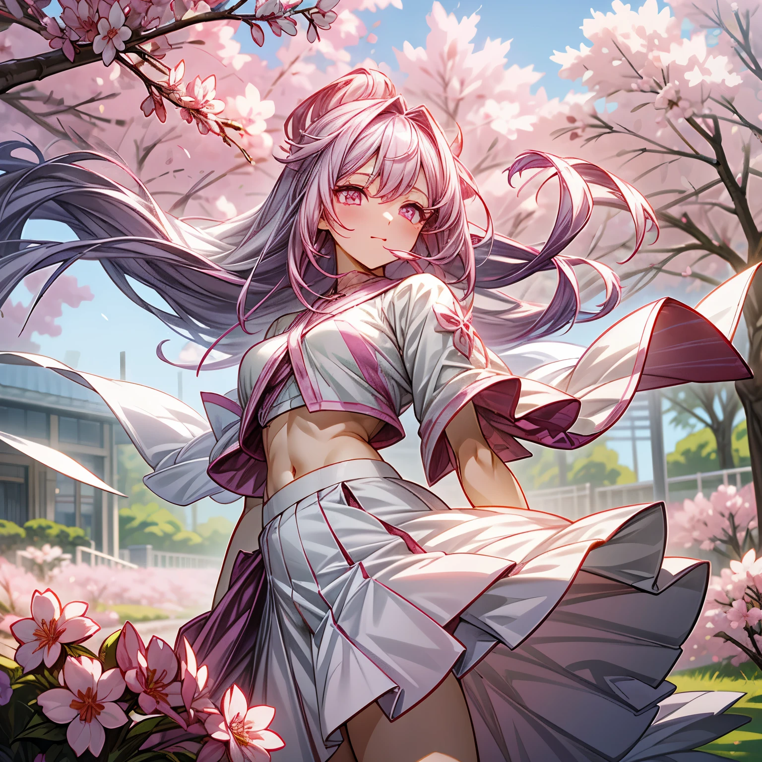 Anime girl, 1 anime girl, dark purple and white hair, pink eyes, glowing eyes, thick hair, blown by the wind, crop top, skirt, blush, sakura flowers garden, sunlight, sun, sakura garden landscape, white skin, pink and white outfit, beautiful, happy pose, Hands behind