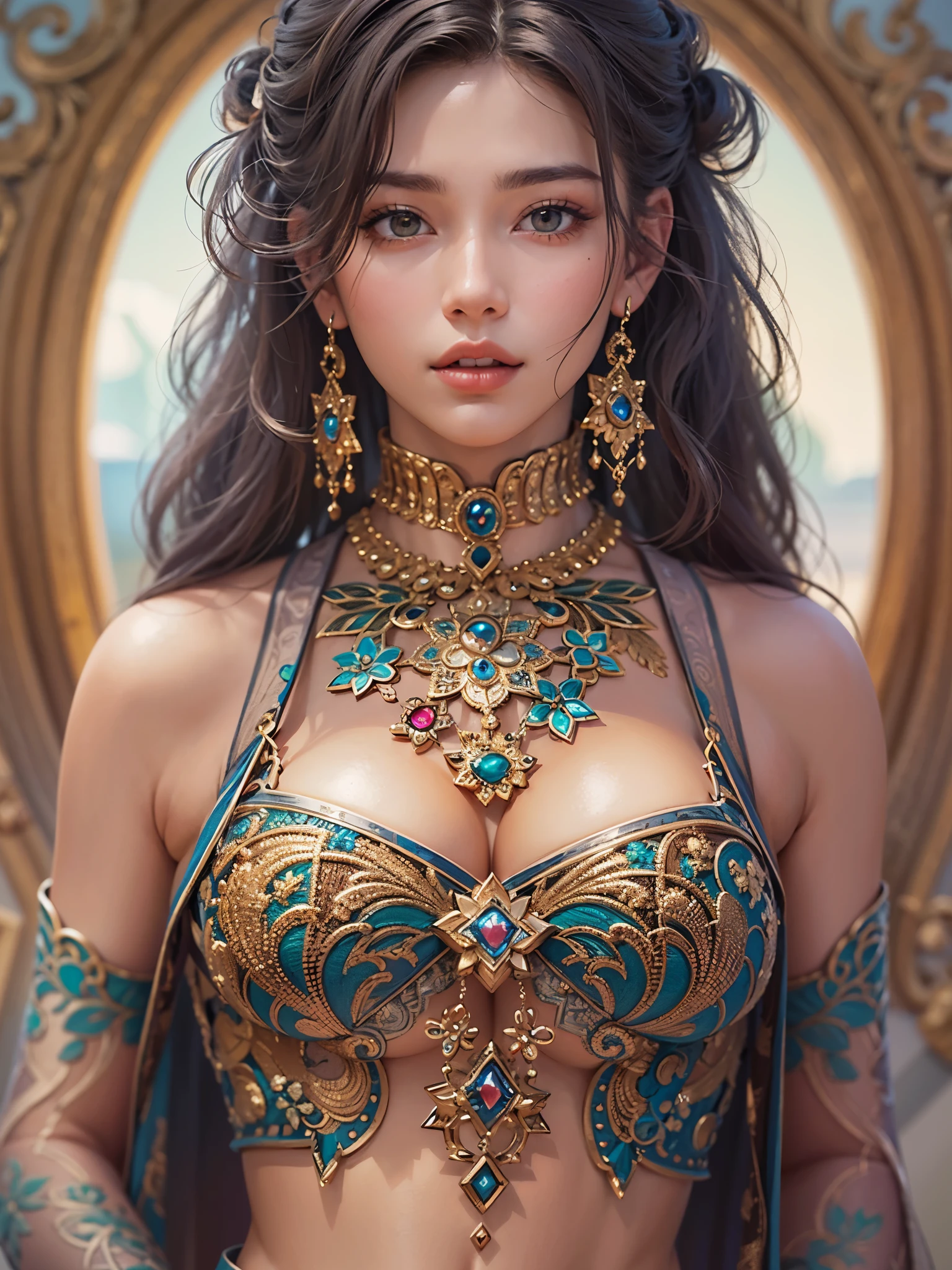 ((highest quality)),(ultra high resolution),(Super detailed),(detailed description),((best CG)),(best work of art),super precision art,great drawing art,(Art with precise details:1.5), (1 woman:1.5),colorful corset dress:1.6,beautiful and well-shaped face:1.5,natural makeup:1.5,detailed jewelry:1.4,thin waist:1.3,Beautiful leg lines:1.4,high heels:1.4,