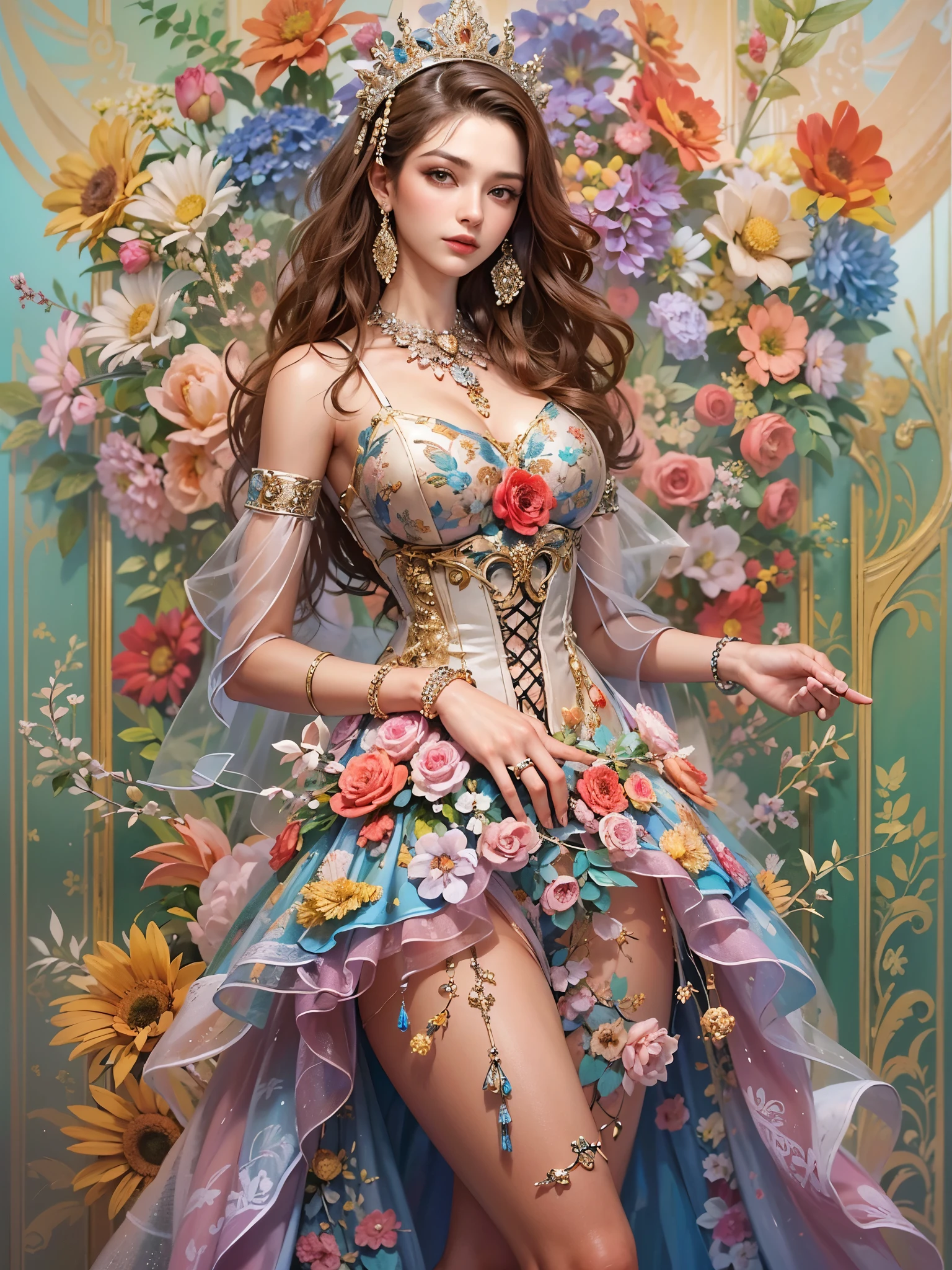 ((highest quality)),(ultra high resolution),(Super detailed),(detailed description),((best CG)),(best work of art),super precision art,great drawing art,(Art with precise details:1.5), (1 woman:1.5),colorful corset dress:1.6,beautiful and well-shaped face:1.5,natural makeup:1.5,detailed jewelry:1.4,thin waist:1.3,Beautiful leg lines:1.4,high heels:1.4,