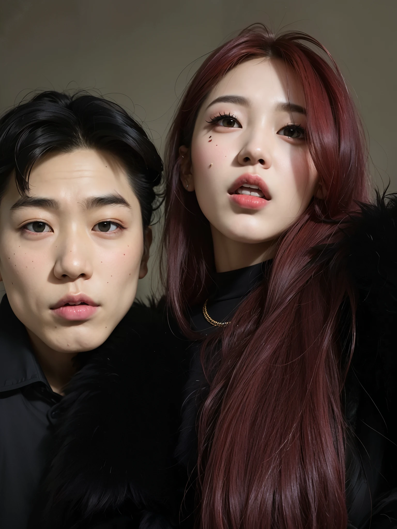 there are two people posing for a photo together, KDA e Sam Yang, nixeu e sakimichan, # oc, #oc, & Jeehyung Lee & uau, com preto, Jimin\the full lips, cruel korean goth girl, both have red lips, Retrato de Jossi do Blackpink, they are pixivs and junji