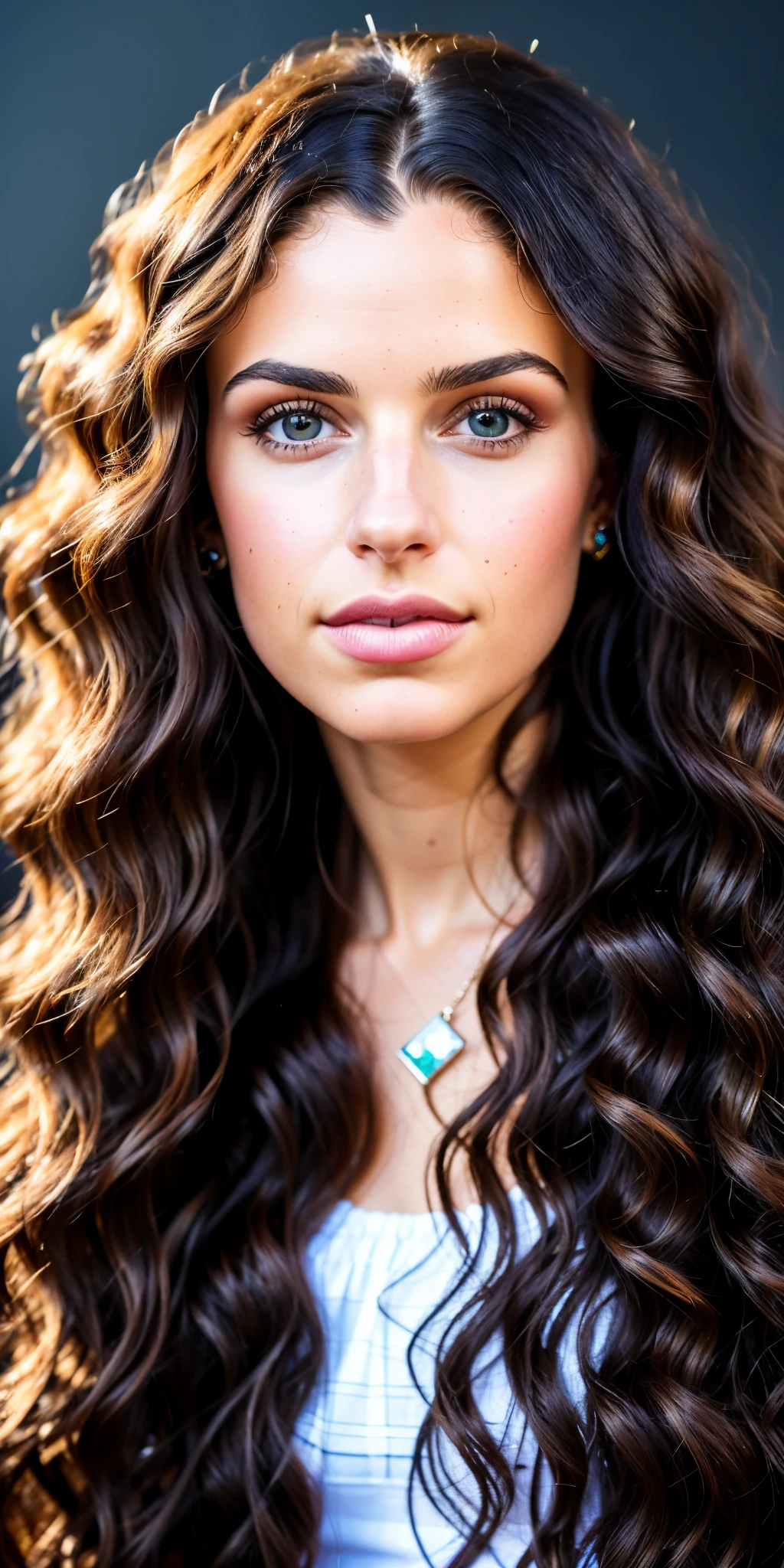 (8k, RAW photo, highest quality), a beautiful woman with long curly brown hair and a black background is looking at the camera with a serious look on her face, chubby, (sparkling heterochromia eyes:1.2), (Pretty arab girl, moroccan), (brown skin woman)++, Chinwe Chukwuogo-Roy, portrait photography, defined facial features, studio portrait, a portrait, american barbizon school, vsco, age 25, European model, (8k UHD:1.1), (film grain:1.1), (raw photo:1.1), full resolution, highly detailed skin, detailed hair, dslr, sharp focus, high definition, high quality photography, intricate