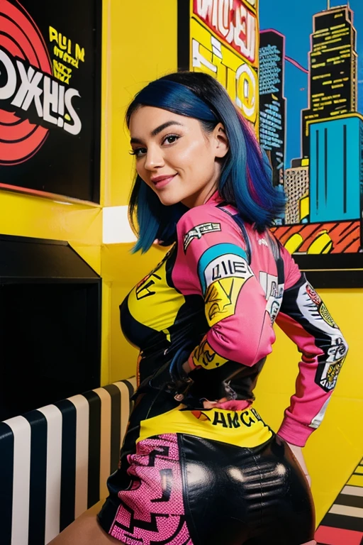 A girl with bright, vibrant colored hair, wearing a bold, patterned dress, surrounded by comic book-style speech bubbles and bold, graphic patterns. The background features a cityscape with skyscrapers and neon lights. The girl is striking a confident pose with her hands on her hips, and she has expressive, exaggerated eyes and a wide smile. The artwork is created in a medium of bold pop art style, with strong outlines, vibrant colors, and a retro comic book aesthetic. The image is of the best quality, with ultra-detailed features and vivid colors. The lighting is bright and emphasizes the bold colors and graphic elements of the artwork.